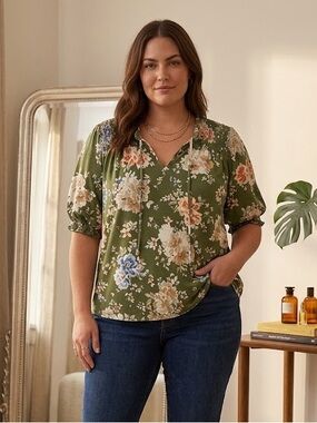 Nuco Olive Green Floral Smocked Yoke Women's Top XXL